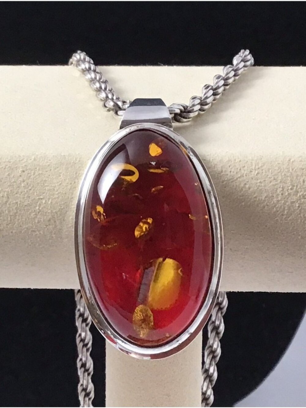 Sterling Silver Amber Pendant Vintage 1 7/8”